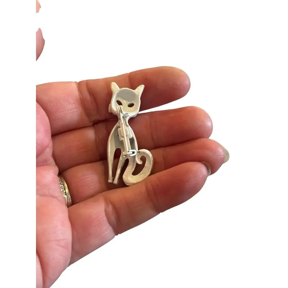 Vintage White Enamel Mod Cat Brooch Red Nose Mid Century Atomic Kitty Pin